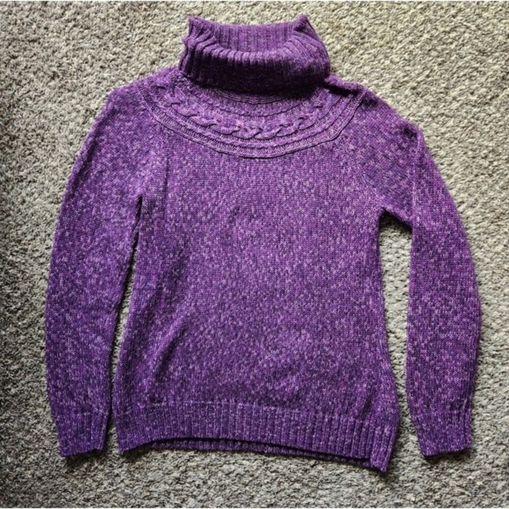 Purple Knit Turtleneck with Accent Stitch Neckline